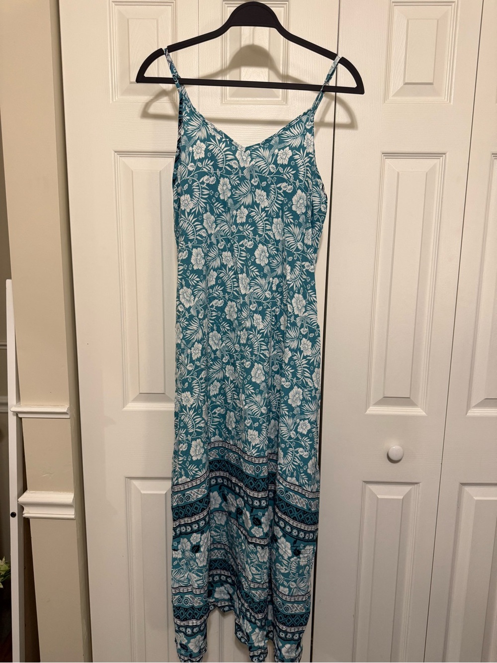 Teal Floral Print Maxi Dress with Spaghetti Straps